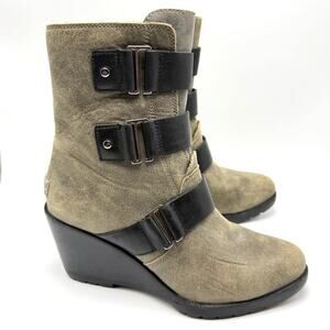 Sorel After Hours Buckle Wedge Bootie Size 9 Tan Black Leather Strap Ankle Boots